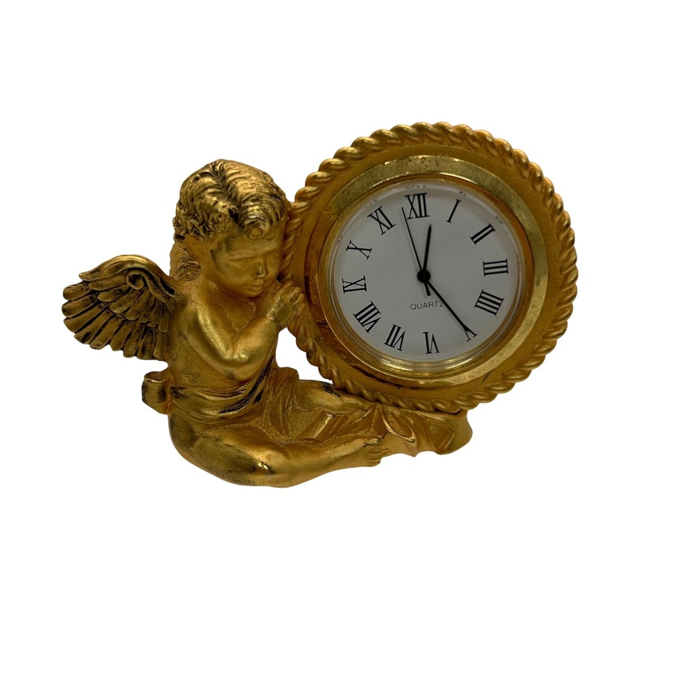 Vintage Quartz 1995 Cherub Angel Desk Clock Gold Colored Roman Numeral Decor